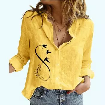 Женская мода хлопок лен тонкая рубашка женская повседневная блузка с принтом S белый
