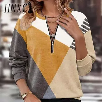 Женская мода HNXC осень-зима с длинным рукавом и воротником-молнией. Свободные футболки и топы с длинными рукавами. S
