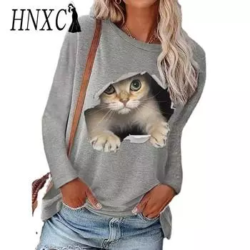 Женская мода HNXC осень-зима, свободные футболки с длинным рукавом и круглым вырезом и топы с длинными рукавами S чёрный