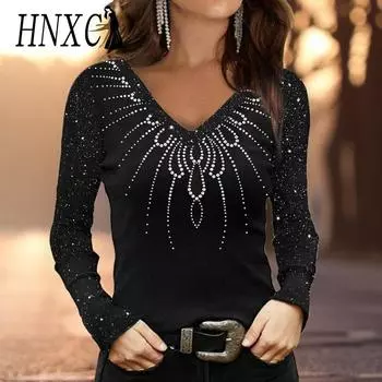 Женская мода HNXC осень-зима, свободные футболки с длинным рукавом и V-образным вырезом и топы с длинными рукавами S