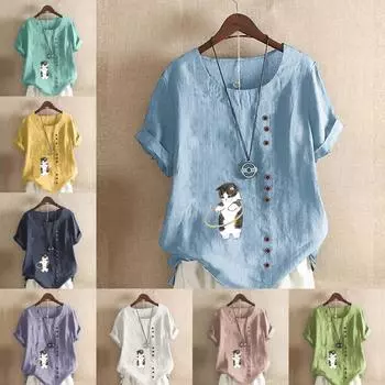 Женская мода Хула-хуп с принтом кота, с круглым вырезом и коротким рукавом, повседневная хлопковая льняная рубашка с рисунком, свободная летняя блузка, топы S розовый