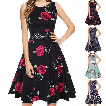 Женская мода и элегантное маленькое платье без рукавов с кружевным принтом и круглым вырезом S зелёный