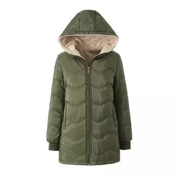 Женская мода и досуг геометрическая волна с капюшоном из овечьей шерсти утолщенная теплая хлопковая куртка средней длины хлопковая одежда L армия зеленый