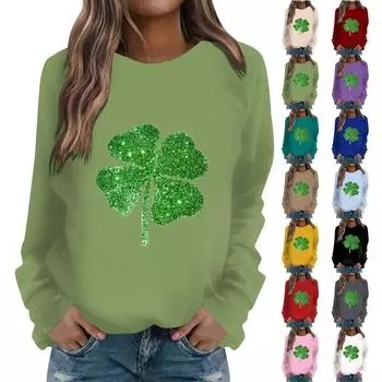 Женская мода и досуг с длинными рукавами, однотонная, St. День Святого Патрика Ирландский фестиваль принтованный круглый вырез свитера Топ L бежевый