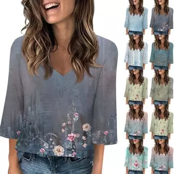 Женская мода и отдых Классический ретро-принт с рукавами 3/4 и v-образным вырезом реглан L темно-синий