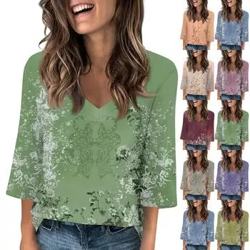 Женская мода и отдых Классический ретро-принт с рукавами 3/4 и v-образным вырезом реглан L синий