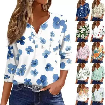 Женская мода и отдых с цветочным принтом и V-образным вырезом, рукавом 3/4 и пуговицами, футболка, топ