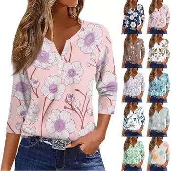 Женская мода и отдых с цветочным принтом и V-образным вырезом, рукавом 3/4 и пуговицами, футболка, топ