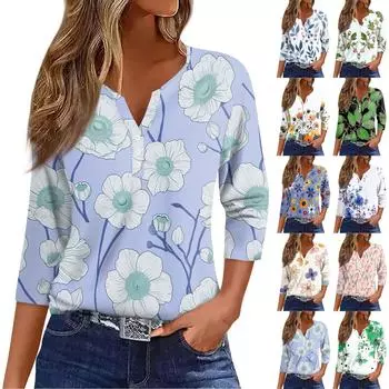Женская мода и отдых с цветочным принтом и V-образным вырезом, рукавом 3/4 и пуговицами, футболка, топ