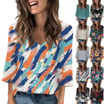 Женская мода и отдых с цветочным принтом, рукавом 3/4, топом реглан с v-образным вырезом L армия зеленый