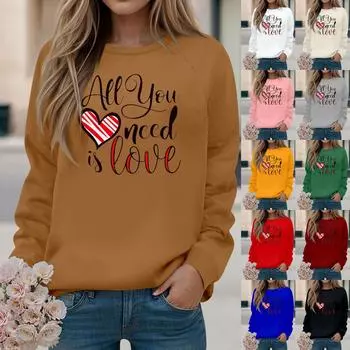 Женская мода и отдых с длинными рукавами, однотонный свитер с круглым вырезом и принтом ко Дню святого Валентина XXL