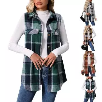 Женская мода и зима клетчатый свободный кардиган без рукавов жилет куртка L зелёный