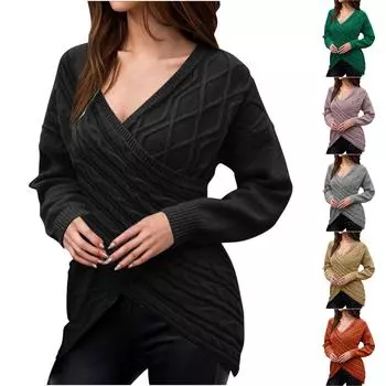 Женская мода и зима новый пуловер вязаный свитер повседневный однотонный длинный рукав V-образный вырез свитер женский L армия зеленый