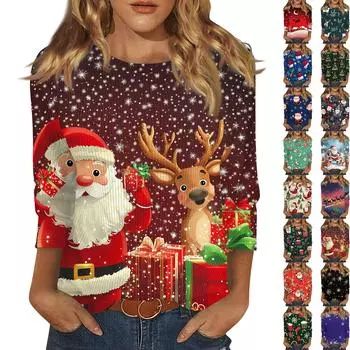 Женская мода и зима повседневная круглая горловина матовая рубчатая рождественская печать футболка рукав три четверти женская одежда M кофейный