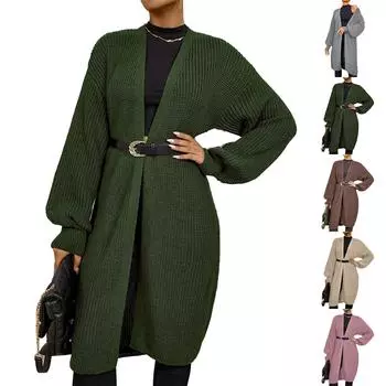 Женская мода и зима повседневный универсальный кардиган с лацканами длинный свитер куртка L армия зеленый