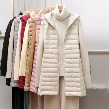 Женская мода и зима с капюшоном средней длины тонкий спортивный пуховик подкладка жилет L бежевый