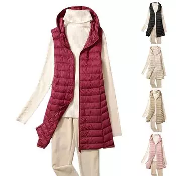 Женская мода и зима с капюшоном средней длины тонкий спортивный пуховик подкладка жилет L
