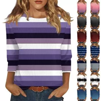 Женская мода и зимняя повседневная футболка с круглым вырезом и градиентным узором, рукав три четверти, женская одежда XXL