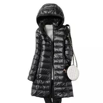 Женская мода и зимняя тонкая пуховая куртка в длинной облегающей куртке с капюшоном L чёрный