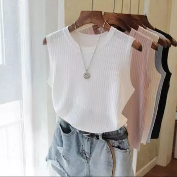 Женская мода Ice Plus Размер Белая футболка Жилет с круглым вырезом без рукавов Slim Fit One Size светло-синий