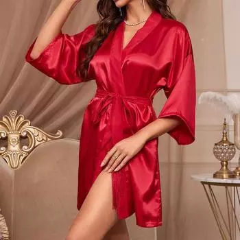 Женская мода имитация шелкового халата тонкий сексуальный халат однотонный кардиган пижама S красный