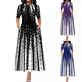 Женская мода, индивидуальное платье с градиентным принтом, женское платье со средней талией и половиной рукава с круглым вырезом, осеннее повседневное вечернее платье с большим подолом L чёрный