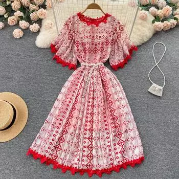 Женская мода Ins летнее кружевное платье миди с цветочной вышивкой Элегантное винтажное брендовое дизайнерское праздничное платье M красный