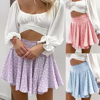 Женская мода Ins Wind Daisy с натуральным принтом, мини-плиссированная юбка L синий