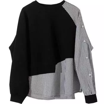Женская мода, искусственный свитер из двух предметов, дизайн, смысл, свитшот с круглым вырезом, осенний свободный хлопковый топ в нерегулярную полоску XL чёрный