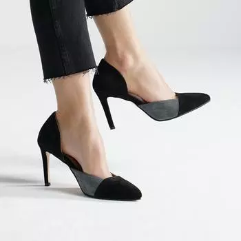 Женская мода из натуральной замши черно-серого цвета двухцветная женская обувь на шпильке