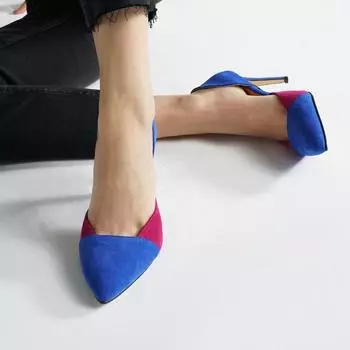 Женская мода из натуральной замши Sax Blue Fuchsia Двухцветная женская обувь на шпильке