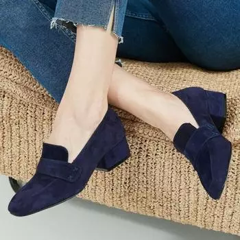 Женская мода из натуральной замши темно-синего цвета на коротком каблуке