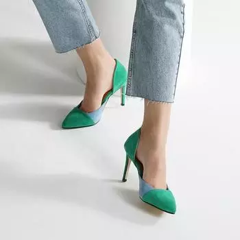 Женская мода из натуральной замши зеленого и синего цвета двухцветные женские туфли на шпильке
