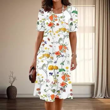 Женская мода изящные цветы и растения принт лето весна короткий рукав О-образный вырез повседневные платья XS розовый