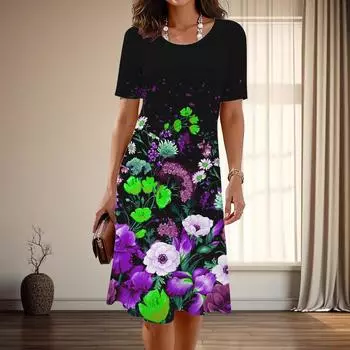 Женская мода изящные красивые цветочные принты лето весна короткие рукава с круглым вырезом повседневные платья XS синий