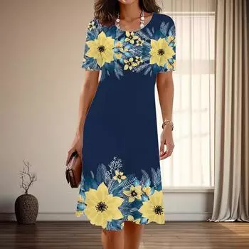 Женская мода изящные красивые цветочные принты лето весна короткие рукава с круглым вырезом повседневные платья XS синий