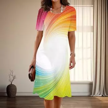 Женская мода изящные красочные узоры принт лето весна короткий рукав О-образный вырез повседневные платья XS синий