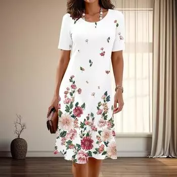 Женская мода изящные повседневные платья с цветочным и травяным принтом на лето и весну с коротким рукавом и круглым вырезом XS синий