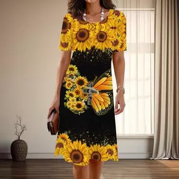 Женская мода изящные принты с цветами и бабочками лето весна короткие рукава О-образный вырез повседневные платья XS фиолетовый