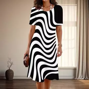 Женская мода изящные простые линии с принтом лето весна короткие рукава с круглым вырезом повседневные платья XS синий