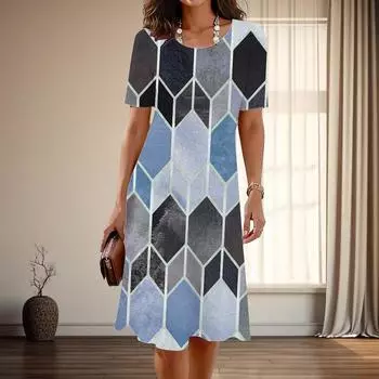 Женская мода изящные простые сетчатые принты лето весна короткие рукава с круглым вырезом повседневные платья XS синий