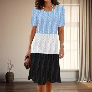 Женская мода изящные простые сращивающиеся принты лето весна короткие рукава О-образный вырез повседневные платья XS зелёный