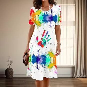 Женская мода изящные разноцветные принты лето весна короткие рукава О-образный вырез повседневные платья XS синий