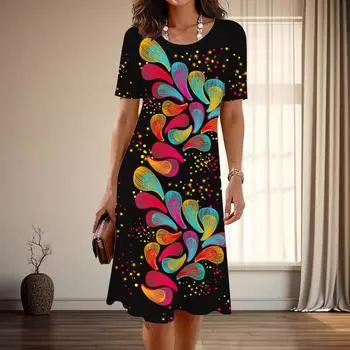 Женская мода изящные разноцветные принты лето весна короткие рукава О-образный вырез повседневные платья XS синий