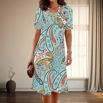 Женская мода изящные ретро и великолепные принты лето весна короткие рукава О-образный вырез повседневные платья XS синий