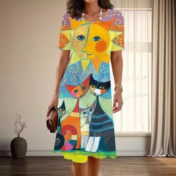 Женская мода изящный абстрактный принт лето весна короткий рукав О-образный вырез повседневные платья XS розовый