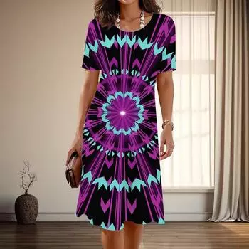 Женская мода изящный абстрактный принт лето весна короткий рукав О-образный вырез повседневные платья XS разноцветный