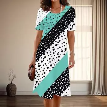 Женская мода изящный абстрактный принт лето весна короткий рукав О-образный вырез повседневные платья XS разноцветный