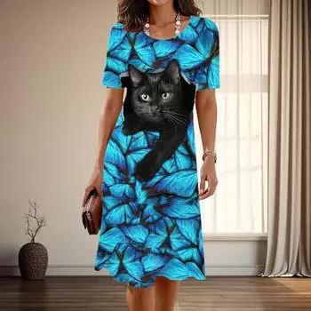 Женская мода изящный черный кот принт лето весна короткий рукав О-образный вырез повседневные платья XS синий