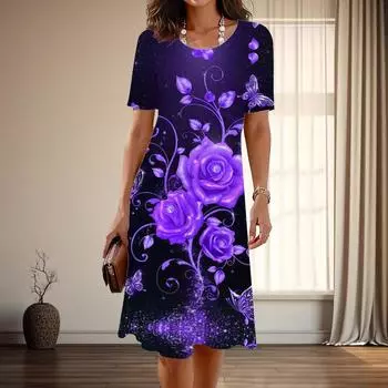 Женская мода изящный цветочный принт лето весна короткий рукав О-образный вырез повседневные платья XS синий